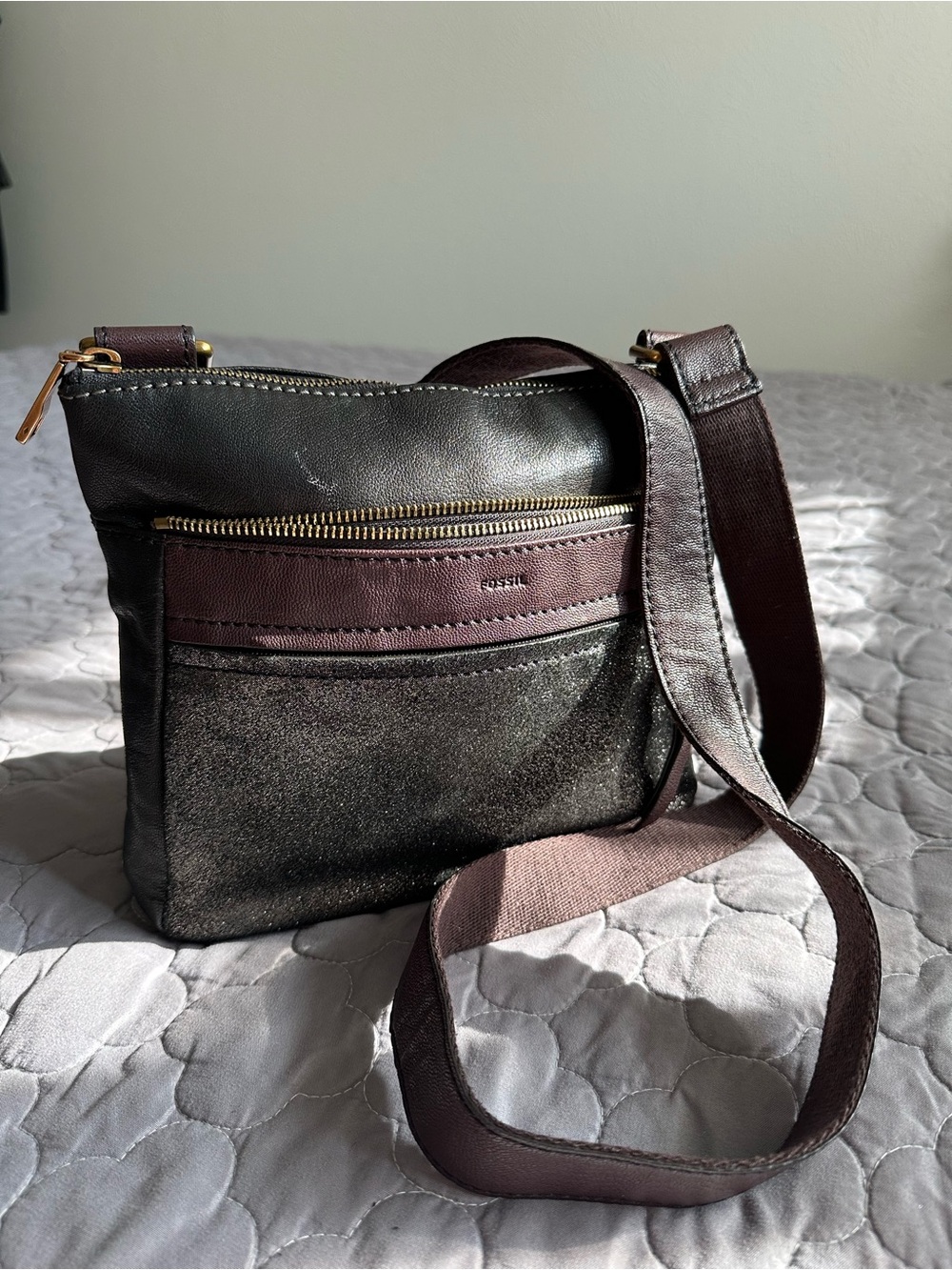 Fossil Dark Brown-Black and Plum Leather Messenger Bag